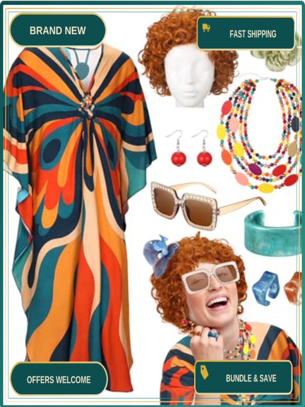 Landlady Halloween Costume Set Caftan Dress Wig Accessories 70s 80s Cosplay